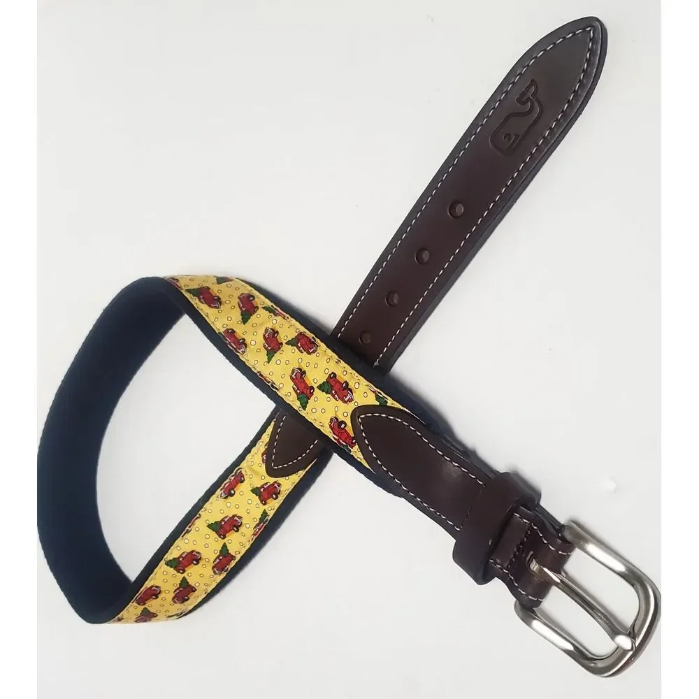 Vineyard Vines Belt 26 Little Red Truck Christmas Tree Yellow Print Snow Leather
